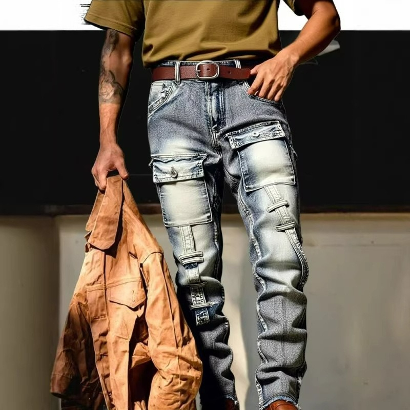 Europe Streetwear Brand - กางเกงขายาวทรงตรงขาเล็กสไตล์วินเทจสำหรับผู้ชาย แบรนด์สตรีทแวร์แนวสตรีท ลุคสบายๆ แต่งดีเทลขาดๆ แบบยุโรปอเมริกา