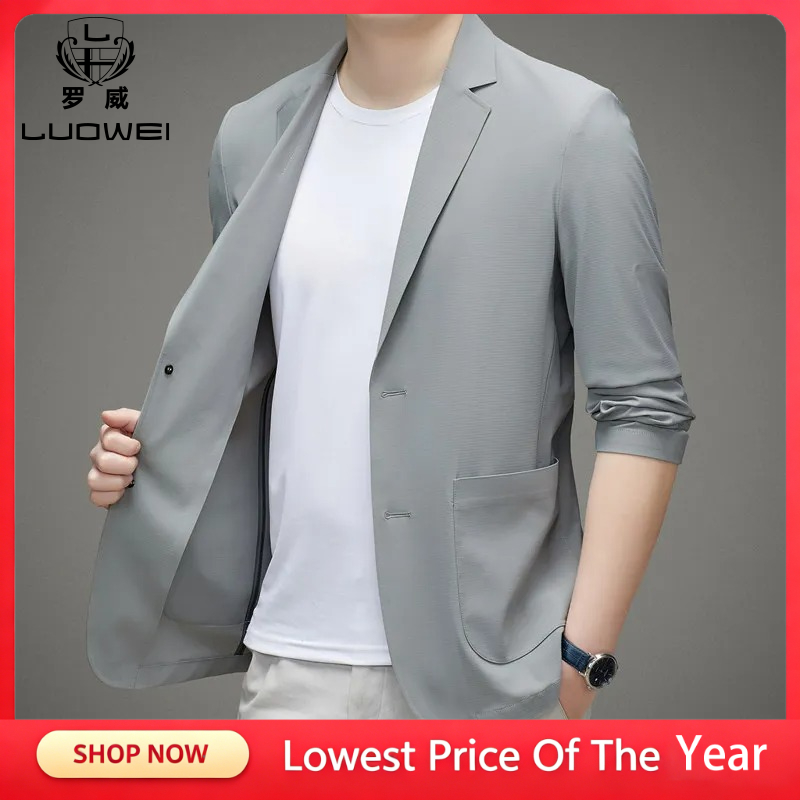 Streetwear Brand Jacket - เสื้อเบลเซอร์ลำลองผู้ชาย แบรนด์เนม ผ้าไหมน้ำแข็ง ไนลอน สแปนเด็กซ์ ไร้รอยต่อ