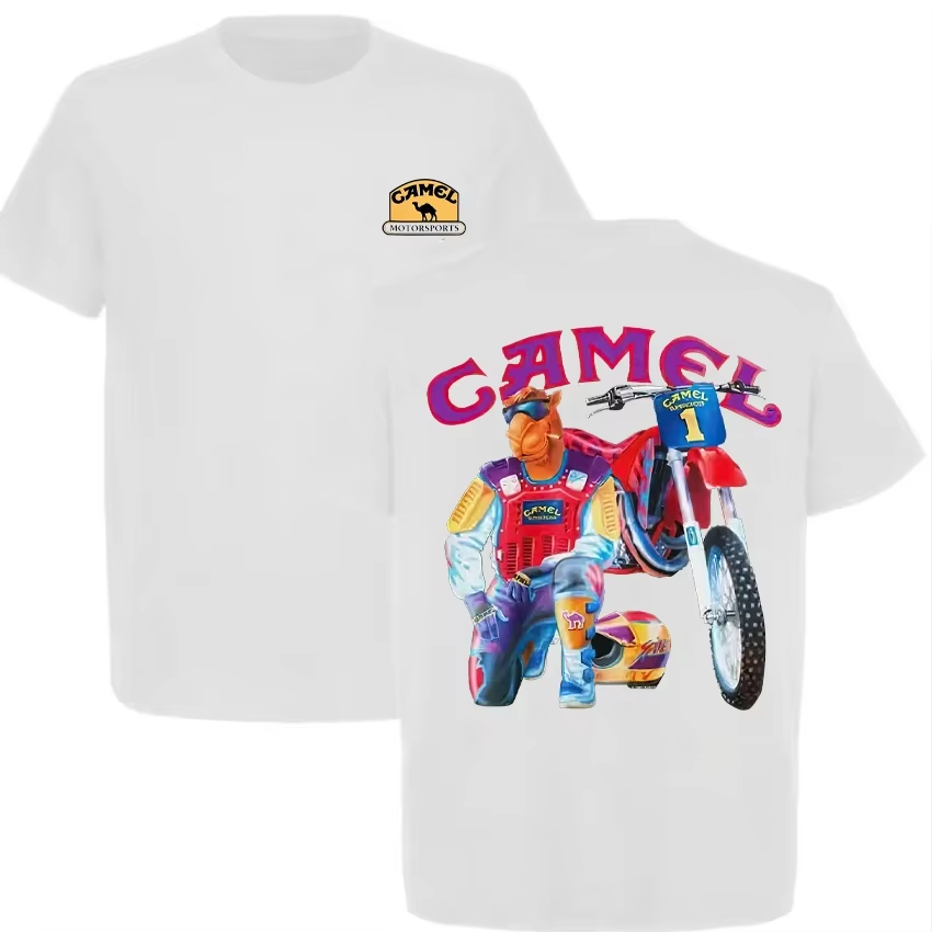 Off White Streetwear Brand - เสื้อยืดลายกราฟิกมอเตอร์ไซค์วิบากสีขาวสไตล์วินเทจ แบรนด์ Camel ผ้าฝ้าย สำหรับผู้ชายและผู้หญิง สตรีทแวร์ฤดูร้อน