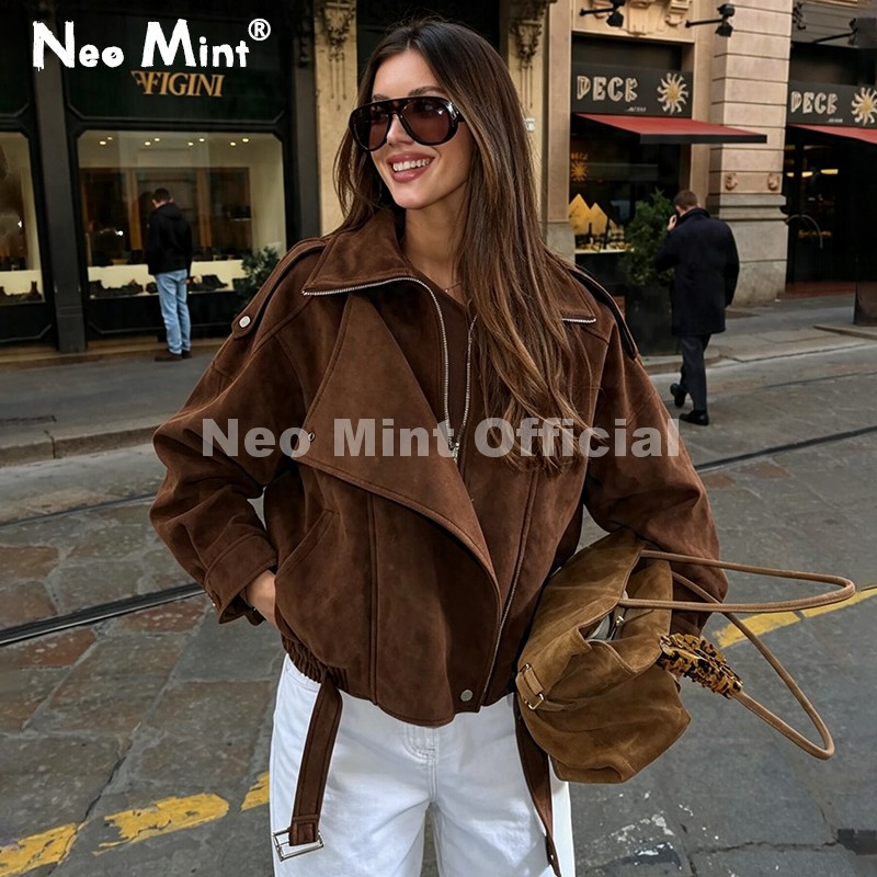 Streetwear Brand Jacket - เสื้อแจ็คเก็ตหนังกลับสีน้ำตาลโอเวอร์ไซส์ รุ่น Neo Mint Autumn สำหรับผู้หญิง