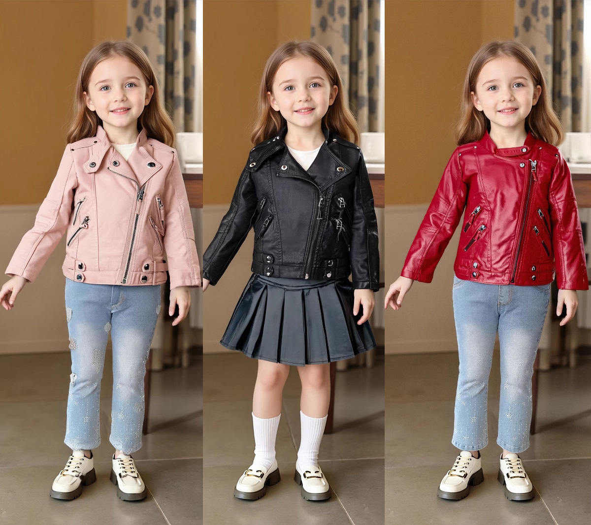 Streetwear Brand Red - เสื้อแจ็คเก็ตหนัง PU สีชมพูแดงสำหรับเด็กผู้หญิงอายุ 2-12 ปี ลายมอเตอร์ไซค์