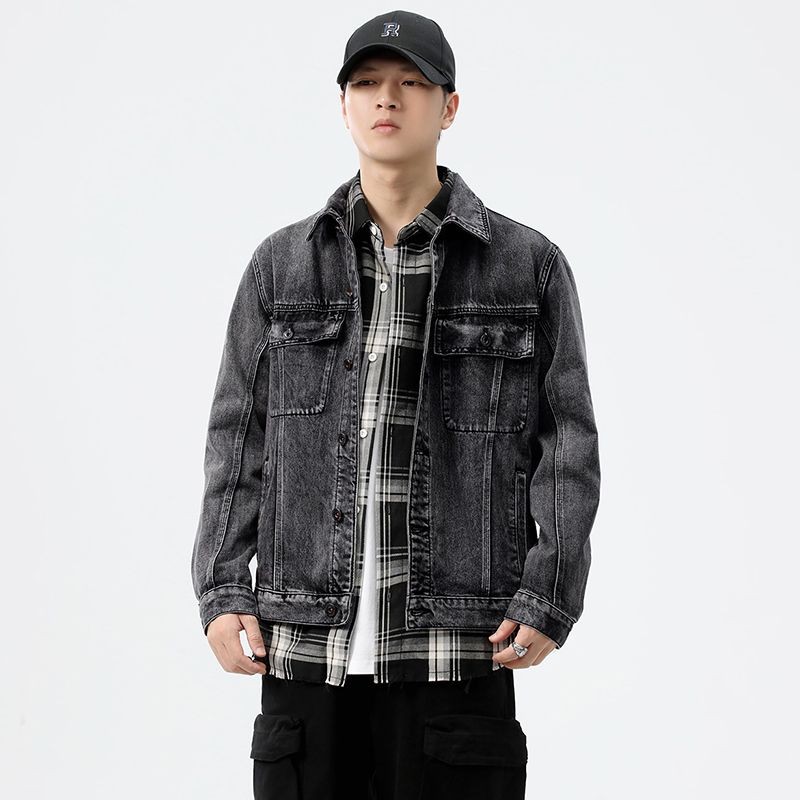 Streetwear Brand - เสื้อแจ็คเก็ตยีนส์ทรงหลวมสไตล์สตรีทแวร์สีเทาสำหรับผู้ชาย คอลเลคชั่นฤดูใบไม้ร่วง/ฤดูหนาว 2026 แบรนด์อเมริกัน ไซส์ใหญ่พิเศษ 5XL