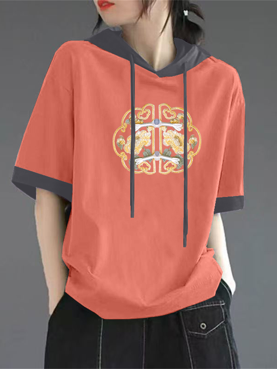 เสื้อยืดแขนสั้นผ้าฝ้ายสีแดงสำห - Streetwear Brand Red บทวิจารณ์และราคา