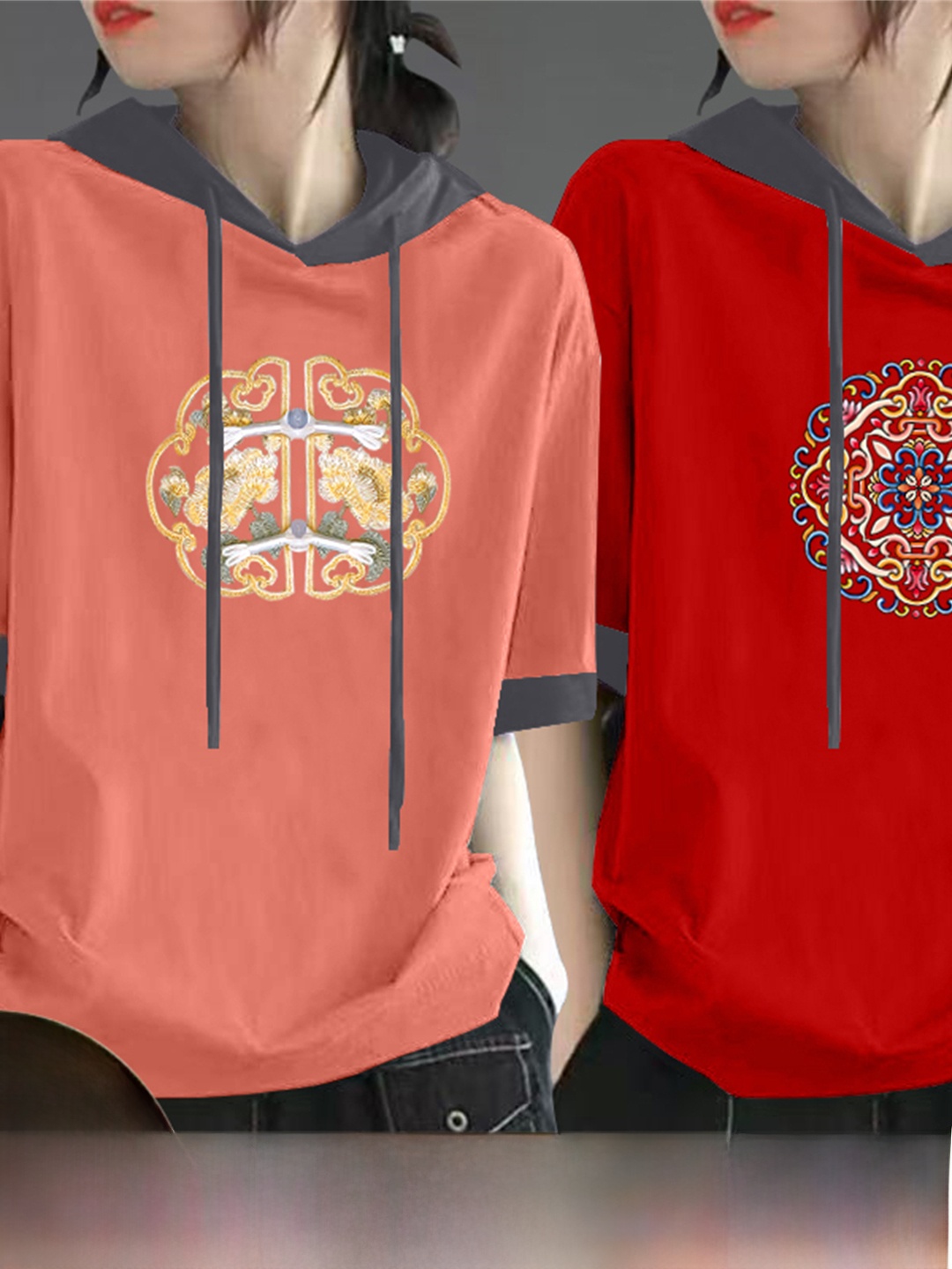 เสื้อยืดแขนสั้นผ้าฝ้ายสีแดงสำห - Streetwear Brand Red บทวิจารณ์และราคา