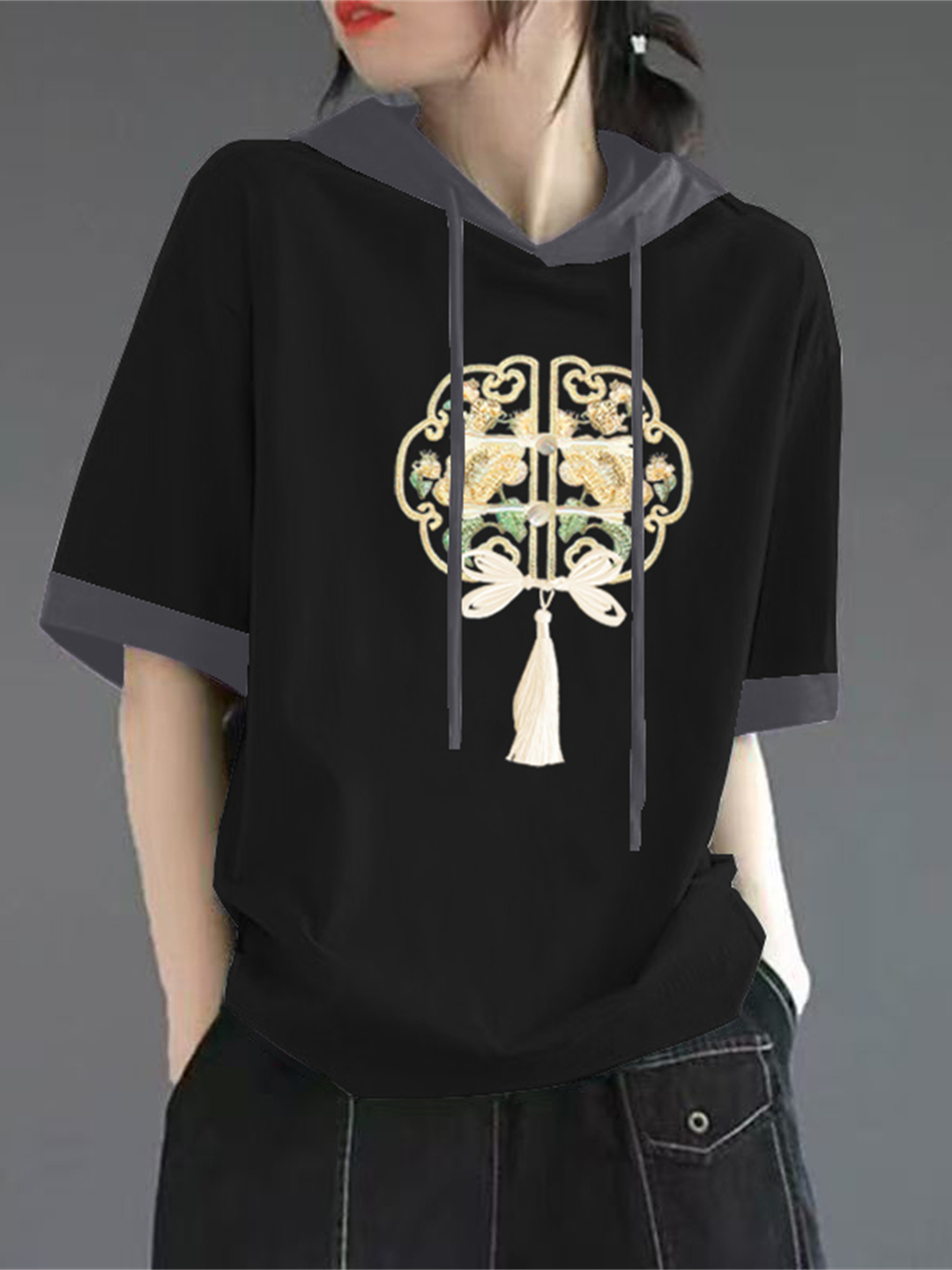 เสื้อยืดแขนสั้นผ้าฝ้ายสีแดงสำห - Streetwear Brand Red บทวิจารณ์และราคา